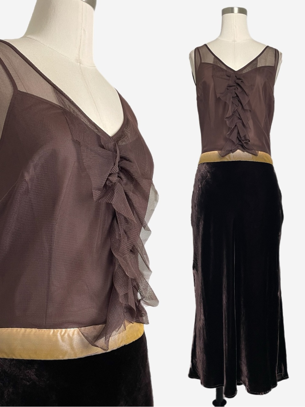 Vintage Y2K Newport News brown mesh velvet asymmetric midi dress bow holiday S